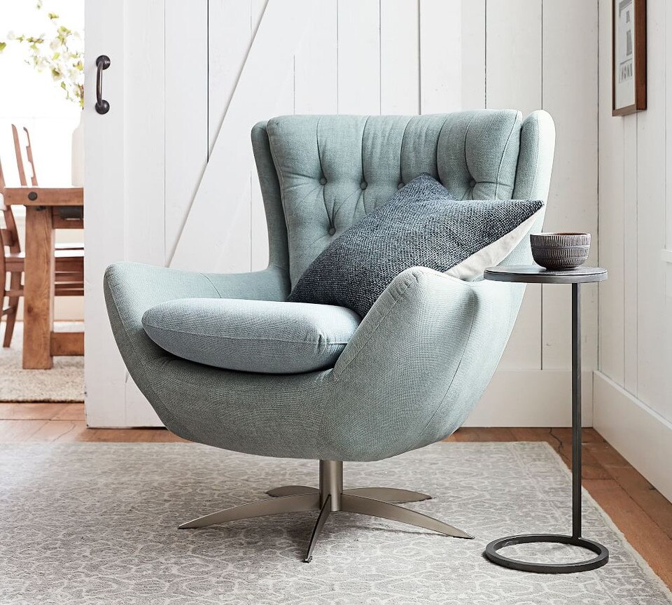 Wells Tufted Upholstered Swivel Armchair Washed Teal Pottery Barn Australia